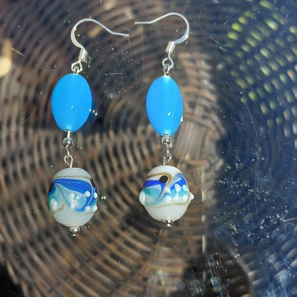 Glass earrings on silver tone earwire lampwork handmade beads - Picture 2 of 3